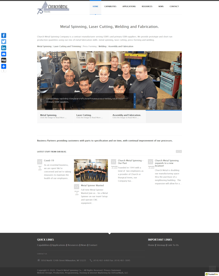 Picture of the Church Metal Spinning website, a good example of manufacturing websites by OnYourMark, LLC