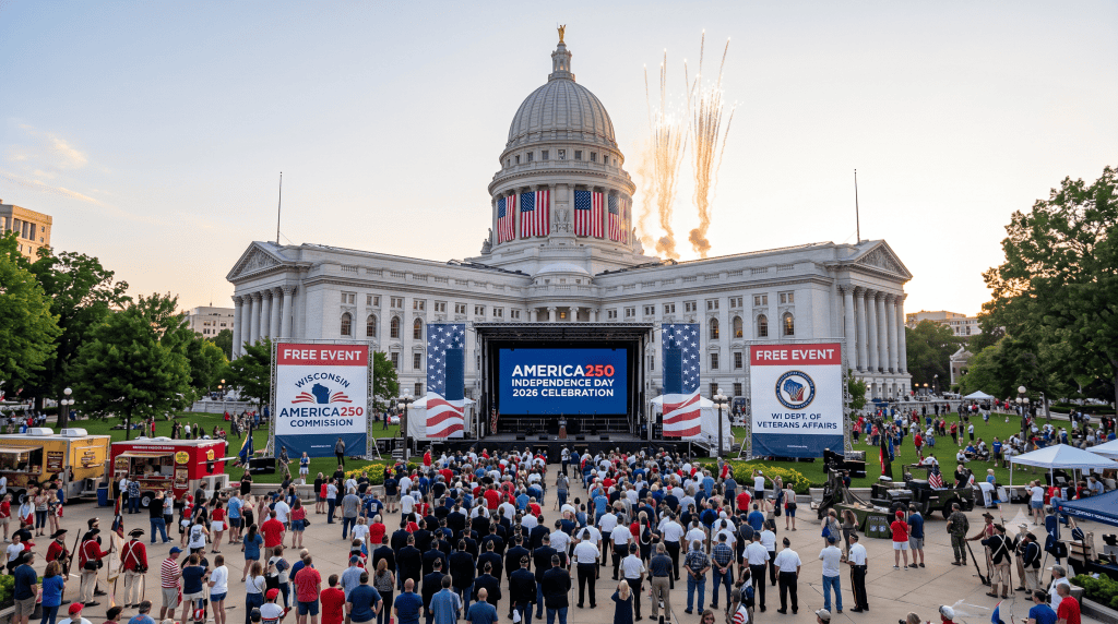 Independence Day 2026 celebration at the Wisconsin State Capitol in Madison, shown a a photo-realistic rendition of the Wisconsin State Capitol surrounded by citizens celebrating America's 250th Anniversary. Please use this AI Generated image free of charge with attribution.